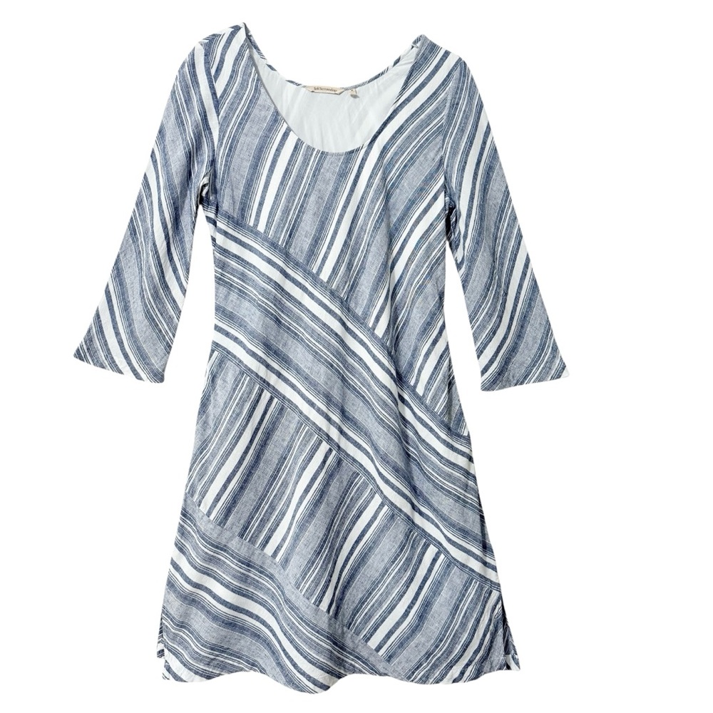 Linen Soft Surroundings Sonya Dress‎ Blue White Asymmetrical Stripes Size Medium